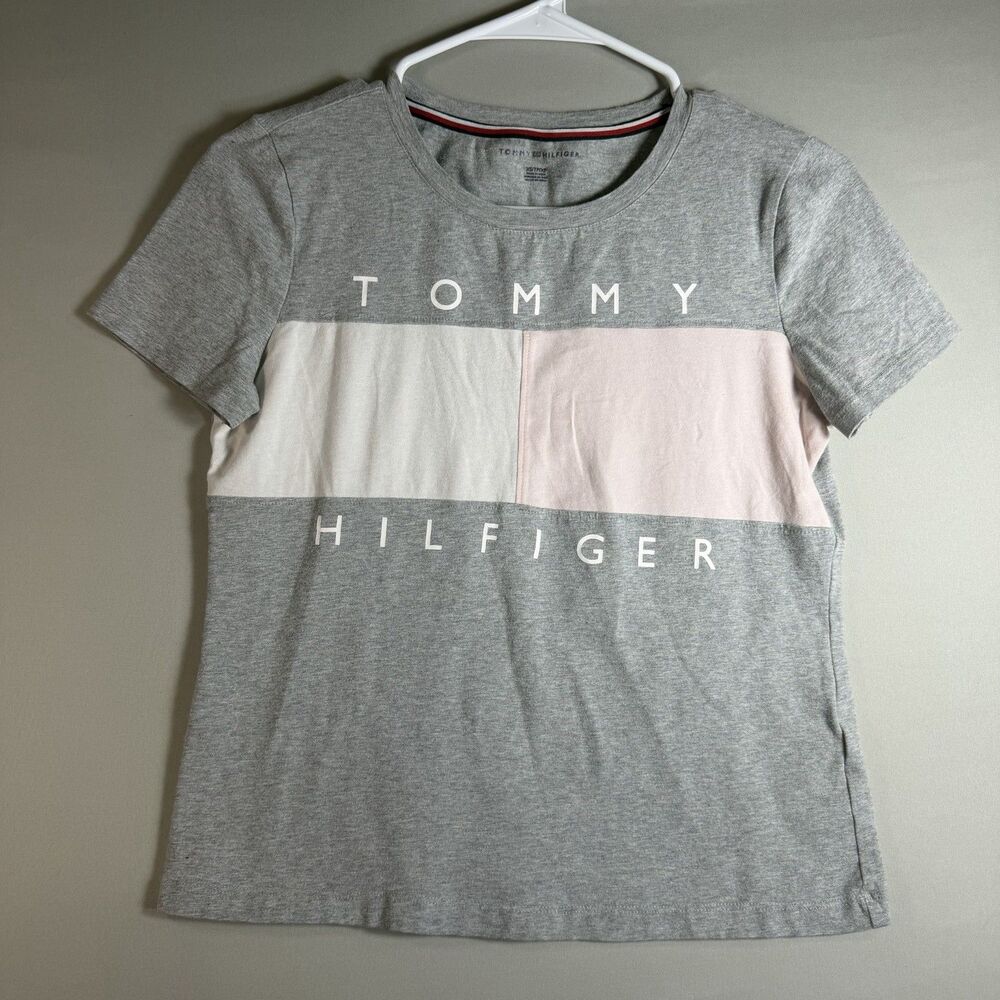 Tommy Hilfiger Shirt Womens X-Small Gray Graphic Logo Top Short Sleeve T-Shirt